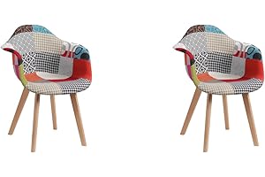 HJhomeheart Set di 2 Sedie da Pranzo in Tessuto Patchwork con Braccioli, Poltrona dal Design Moderno, Sedia da Cucina in Legno di Faggio Scandinavo (Rosso)