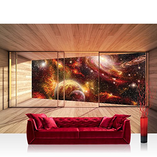 Vlies Fototapete 312x219cm PREMIUM PLUS Wand Foto Tapete Wand Bild Vliestapete - Welt Tapete Raum Weltall Holzwände Holz Scheibe bunt - no. 1274