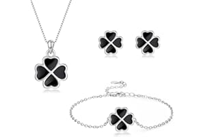 Cangall Silber Vierblättriges Kleeblatt Schmuckset, 3PCS 925 Sterling Silber Vierblättriges Kleeblat Schmuckset für Damen Mädchen, Glücksbringer Silber Kleeblatt Halskette Armband Ohrstecker Set