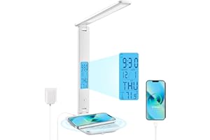 LAOPAO Ściemnialna lampa biurkowa LED z zegarem, 3 kolory i 5 poziomów jasności, przyjazna dla oczu lampka nocna z bezprzewodowym ładowaniem i portem USB, inteligentny wyświetlacz LCD
