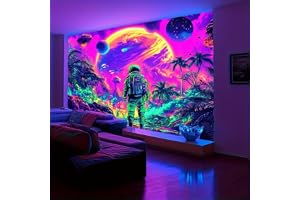 Arsey svart ljus gobeläng med astronaut och psykedelisk rymd, galax planet gobeläng, UV-reaktiv väggbonad tyg barn födelsedag