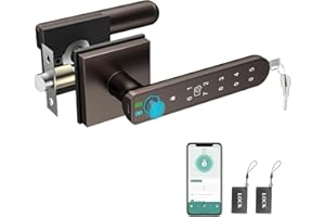 BIWIBON Fingerprint Door Lock, 5 in 1 Smart Door Knob with Smart APP/Fingerprint/IC Cards/Password/Backup Keys, Fingerprint Door Knob with Keypad for Bedroom, Office, Apartment, Square, Coffee Brown