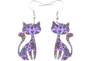 BONSNY CAT Collection "CAYLEIGH Statement Pop-Art Kitten Long drop Earrings (Purple)