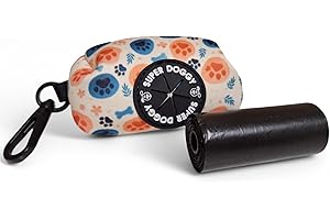 SUPER DOGGY Dispenser per Sacchetti per Cacca di Cane - Porta Sacchetti con Disegni per Guinzaglio - Buste per Premi e Accessori per Animali Domestici - Include Bustine Cani (Bones & Footprints)