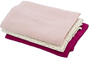 DOMIVA - LOT 3 LANGES EN GAZE DE COTON : 1 IMPRIME + 2UNI ROSE GRENADINE 60x60 cm 1 IMPRIME + 2UNI ROSE GRENADINE