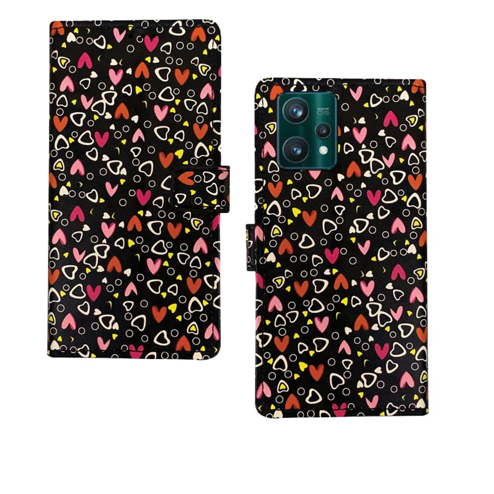 Pinaaki Enterprises Realme 9 Pro Flip Case | Premium Leather Finish Flip Cover |Designer Printed Flip Cover for Realme 9 Pro - Black Hearts