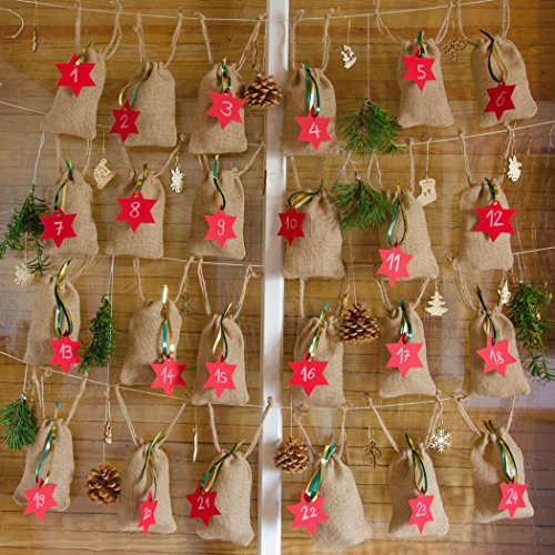 24er Set Jutesäckchen, Jute-Beutel, Geschenke-Säckchen, ideale Verpackung- für Adventskalender, 100 Prozent Naturfaser, Hochzeit, Feiern, Geburtstag, Farbe: ungefärbt, naturbelassen (hellbraun) - 6