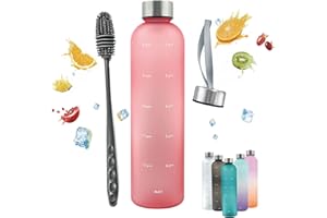 Horkos 1L Water Bottle,Motivational Time Markings,Non-Toxic BPA Free Plastic Water Bottle,Leak-Proof,1 litre Sports Bottle,1000ml Drinks Bottle for Gym,Travel,School,Cycling,Camping（Pink+cover+brush）