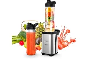 Enfmay 350W Blender Smoothie Mini Blenderavec 2 Bouteilles Portables 600ml, 2 Couvercles sans BPA et Corps en Acier Inoxydable JK-206