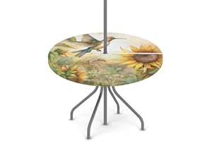 KNEMI Outdoor Round Tablecloth with Umbrella Hole, Hummingbird Patio Table Cover Fitted Tablecloth Waterproof Umbrella Table Cover for Party Picnic,Fit for 36"-44" Round Tables