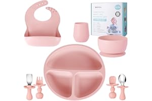 BEFOL Silikon Baby Geschirrset,8 Stück Kindergeschirr Set mit Saugnapf(Teller Lätzchen Schüssel Trinklernbecher Löffel Gabeln) BPA Frei Esslernbesteck für Spülmaschine und Mikrowelle(Rosa)