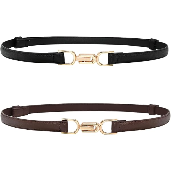 Lot De 2 Ceintures Fines En Cuir Pour Femme - Noir Et Marron Réglables