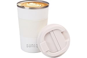 SUNTQ Kaffeebecher to go Thermo aus Edelstahl 380ml Thermobecher mit Gummierte Manschette Doppelwand Isoliert - Kaffeetasse mit Auslaufsicherem Deckel Wiederverwendbar Weiß