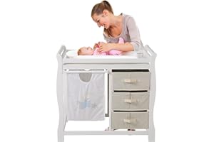 ‎SEPNINE Sepnine Baby Wickeltisch, Wickelkommode mit weicher Wickelauflage, Wickelregal mit Mit Großem Staufach und 3 Schubladen, Naturholz, 91 cm für Lendenwirbelschutz, weiß