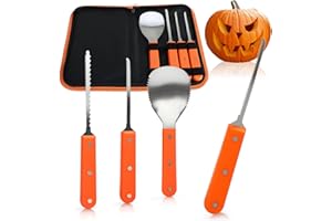 com-four® Set di 4 pezzi per intaglio zucca per Halloween con custodia – Utensili da taglio per zucche – Utensili da intaglio in acciaio inox – Cucchiaio e 3 coltelli da sega (4 pezzi + borsa –