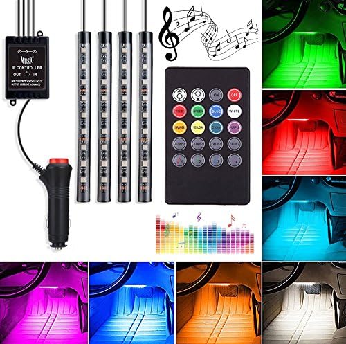 LED Car Interior Lights,4pcs 36 LEDs DC 12V Automotive LED Decor Strip Lights,Colorful Music RGB Car Interior Floor Underdash Lights Neon Lights Strip kits With Sound-activated Remote Controller