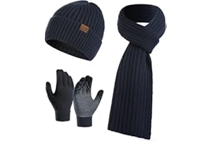 YULOONG Gorro de invierno, bufanda y guantes de conducción para pantalla táctil, para hombres y mujeres, tejido acanalado 3 en 1, azul marino