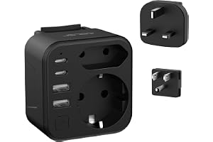 JSVER Universaladapter med 3 Utbytbara typ B/G/C-kontakter och 2 AC-kontakter,2 USB-portar och 2 USB-C-portar med Switch,Inte