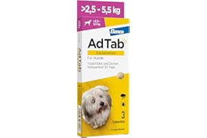 AdTab Hunde Zecken- und Flohschutz (über 2,5 bis 5,5 kg), Kautablette tötet Zecken und Flöhe schnell ab und schützt einen Monat lang, leicht zu verabreichen (3 St. pro Packung)