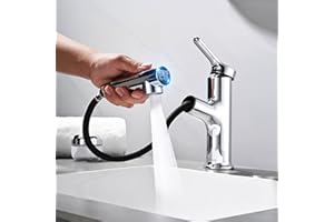 DETBOM Rubinetto Lavabo Smart con Display LED Temperatura - Doccetta Estraibile 2 Modalità, Autogenerazione Energetica, Senza Batterie, Miscelatore Rubinetti Monocomando Bagno, Design Cromato Moderno