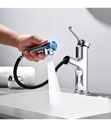 Produktbild von Wasserhahn Bad, 4 Modus Wasserhahn, Kreativer Waschtischarmatur Mit Wasser Temperaturwechselnde Beleuchtung, 360° Drehbar & Ausziehbar Waschbecken Mit 1/2in Anschluss, Keramikkartusche (Grau