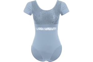IDOPIP Women's Turtleneck Ballet Dance Leotard Floral Lace Short Sleeve Backless Athletic Gymnastics Leotards with Removeable Padded Dancewear