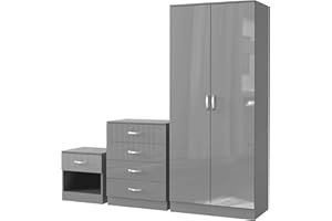 NERA FURNISHINGS Nera Gloss Grey Bedroom Furniture Set 3 Piece Set with Wardrobe Chest of Drawer Bedside Table Bedroom Storage