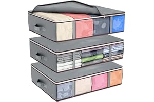 ROCKBERRY 3 Pack 40L Underbed Storage Boxes with Lids | Foldable Clothes Storage Bags with Zips & Handles | Large Fabric Storage Organizer for Bedding, Blankets, Duvets & Clothes – Grey