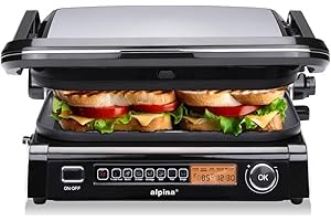 ‎ALPINA alpina Kontaktgrill - Optigrill 2100W - Sandwich Maker - Panini Grill - Multigrill für Gemüse, Brot und Fleisch - Tischgrill mit Antihaftbeschichtung - Intelligente Kochmodus - BPA-Frei - Schwarz