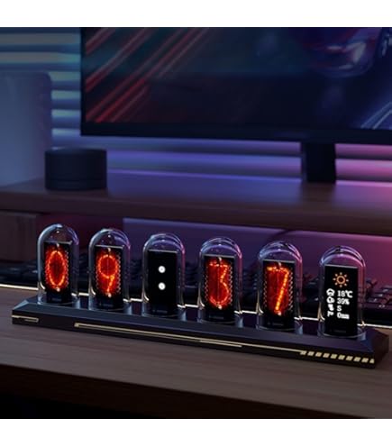Vituord Nixie Buisklok, 6 Bit IN-12 Nixie Glow Tube klok, elektronische digitale klok, met afstandsbediening, RGB-kleurverandering, houten basis, desktop decoratief, geen montage