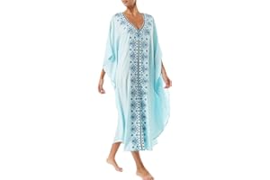 YOUKD Coton D'été Brodé Floral Lâche Caftan Boho Beach Bikini Cover Up Dress Grande Taille Robe pour Les Femmes