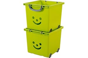 Iris Ohyama, Caja, Papeleras, Organizador de juguetes para niños, Lote de 2, 25 L, libre de BPA- KCB-32 - Verde, Apilable, Clips de cierre- A33,5 x F32 x A29 cm