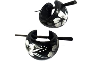 CHICNET Chic-Net Hawaii Cerchio di Legno Fiore Orecchini Spille Pin Corno Mano Bianco e Nero Dipinto 16 mm