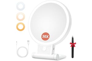 Auxmir Specchio Trucco con Luci LED, Specchio Ingranditore 30X/1X a Doppio Lato, Luminosità Regolabile a 3 Colori, Specchio da Tavolo Pieghevole con Foro per Appendere, Ricaricabile e Portatile