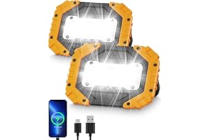 Jovrun 30W Rechargeable Work Lights, COB Floodlight Super Bright with 4 Modes, USB Battery Security Light, Portable & Waterproof Outdoor Camping Lights, Yard, Garage, Batteries Included Yellow 2 Pack