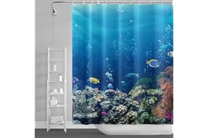 SDOTPMT 90x183cm Oceano Tropicale Pesce Tenda da doccia Sott'acqua Mare Animale Corallo scogliera Tenda da bagno Estate Blu Oceano Tenda da vasca per bambini Bagno Tessuto Poliestere con ganci