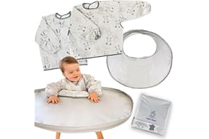 Hello Hippo® Kit 2 bavoirs et plateau de diversification imperméables gris à motif pour chaise haute bébé - Bavoirs + plateau d’apprentissage avec ventouse - Bavoirs avec manches pour repas/peinture
