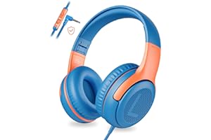 AWATRUE awartue Auriculares Niños con Cable Audio 3.5mm, Volumen Limitado 85/94dB, Diadema Ajustable Almohadillas Suaves, Cascos Infantiles para Clases Online/Viajes/Estudi, Azul Naranja