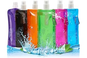 BESTZY 6 Pieces Collapsible Reusable Water Bottle Leak-Proof Foldable Light Weight Drinking Water Bottle with Clip for Biking, Hiking Travel, 480 ml