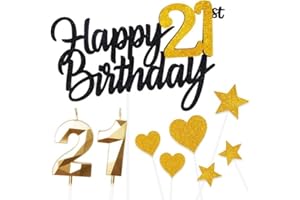 YIRAN Personalised Black Gold Happy 21st Birthday Cake Topper with Gold Number 21 Birthday Candles,Heart Sarts Cupcake Toppers Cake Decorations Set for Girls Boys Kids 21st Birthday Anniversary - Pack of 9