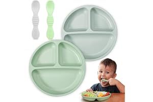 SUBTACK Suction Plates for Babies Weaning - 2-Pack Silicone Baby Plates with 2 Baby Spoons - Divided Plates for Toddlers and Kids Childrens - Unbreakable Baby Plates with Sections