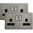 2 x Double Wall Socket Switched Gloss Brushed Chrome 2 Gang Screwless 13a Double Pole N410DME