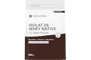 NOVOMA Whey Isolate Native, Protéine Pure Non Dénaturée, 24g de Protéines par Portion, Saveur Chocolat, Musculation et Récupération, 30 Portions, Sachet 900g, Fabriqué en France