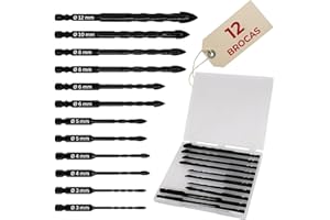 ASIDEPRO® 12 Brocas Porcelanico, Azulejos, Metal, Pared, Ladrillo, Vidrio, Plástico, Madera con Punta de Flecha | Medidas Ø 3-12 mm (12)
