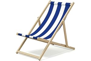 Denny International Folding Wood Deck Chair Wooden Beach Chair Seaside Sun Lounger Outdoor Garden Recliner Folding Deck Chair - Blue & White (Beach Chair)