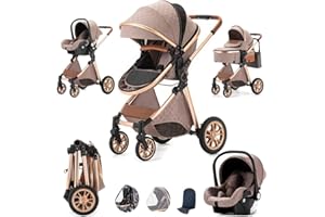 SHUKBETA Kombikinderwagen 3 in 1 Reisesysteme Standardkinderwagen Kinderwagen Buggy Neugeborener Tragbarer Reisewagen Faltbarer Kinderwagen High Landscape Kinderwagen (KHAKI)