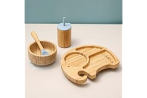 EMK Trading ltd Bamboo Complete Weaning Set for Babies Toddlers Includes Plate Bowl & Cup Elephant Design Non Slip Suction Cup Eco-Friendly (Blue)