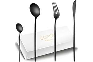 COPOTI Posate Acciaio Inox Nere Opache, 24 PCS Titanio Coltelli e Forchetta Cucchiaio Set Di Per 6 Persone,Lavabili in Lavastoviglie.