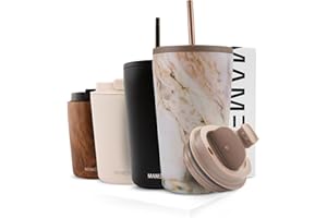 MAMEIDO Kubek termiczny 470 ml i 700 ml, z pokrywką i słomką ze stali nierdzewnej, podwójne ścianki, izolowany, zabezpieczony przed wyciekiem, do kawy (perłowy marmur, 470 ml)