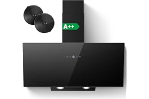 SNDOAS Hotte Aspirante 90 cm, A++ Hotte de Cuisine Inclinées Noir, 700 m³/h, 4 Vitesses Hotte en Commande Tactile, Filtre à Charbon Actif, Recyclage/Évacuation